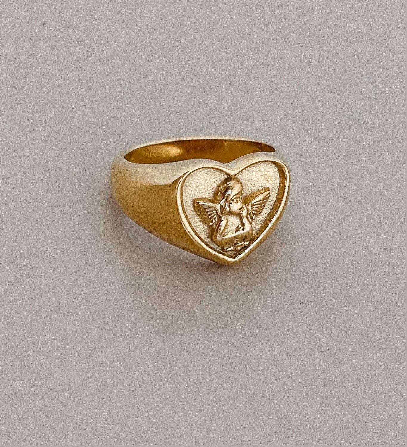 Amour Heart Signet Ring – 18K Gold Plated, Cupid Engraved Design