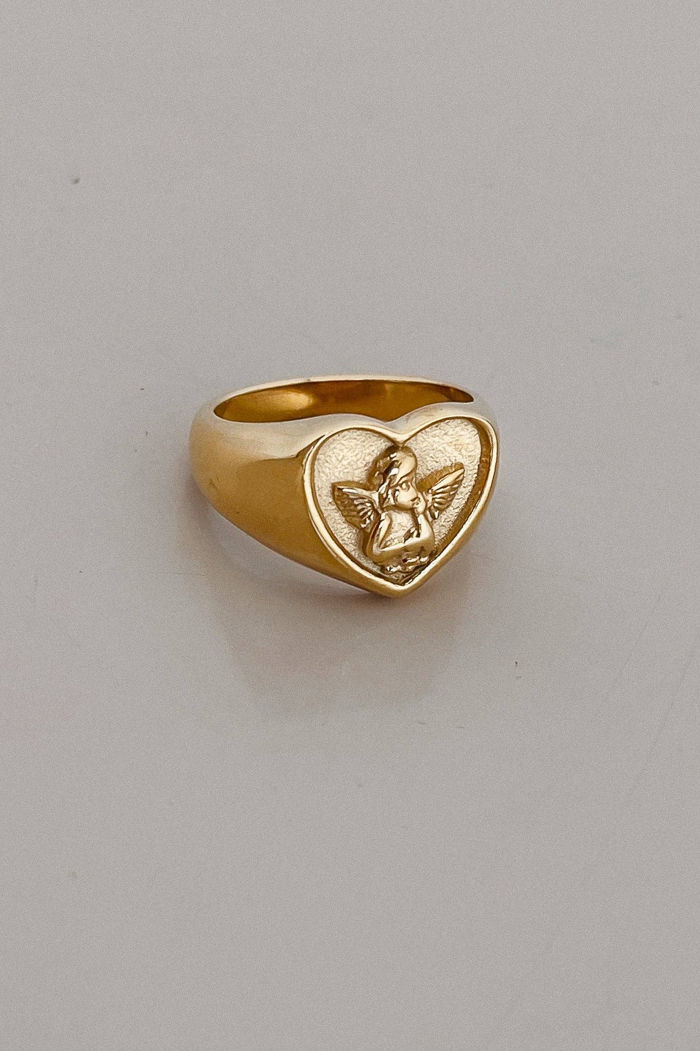Amour Heart Signet Ring – 18K Gold Plated, Cupid Engraved Design