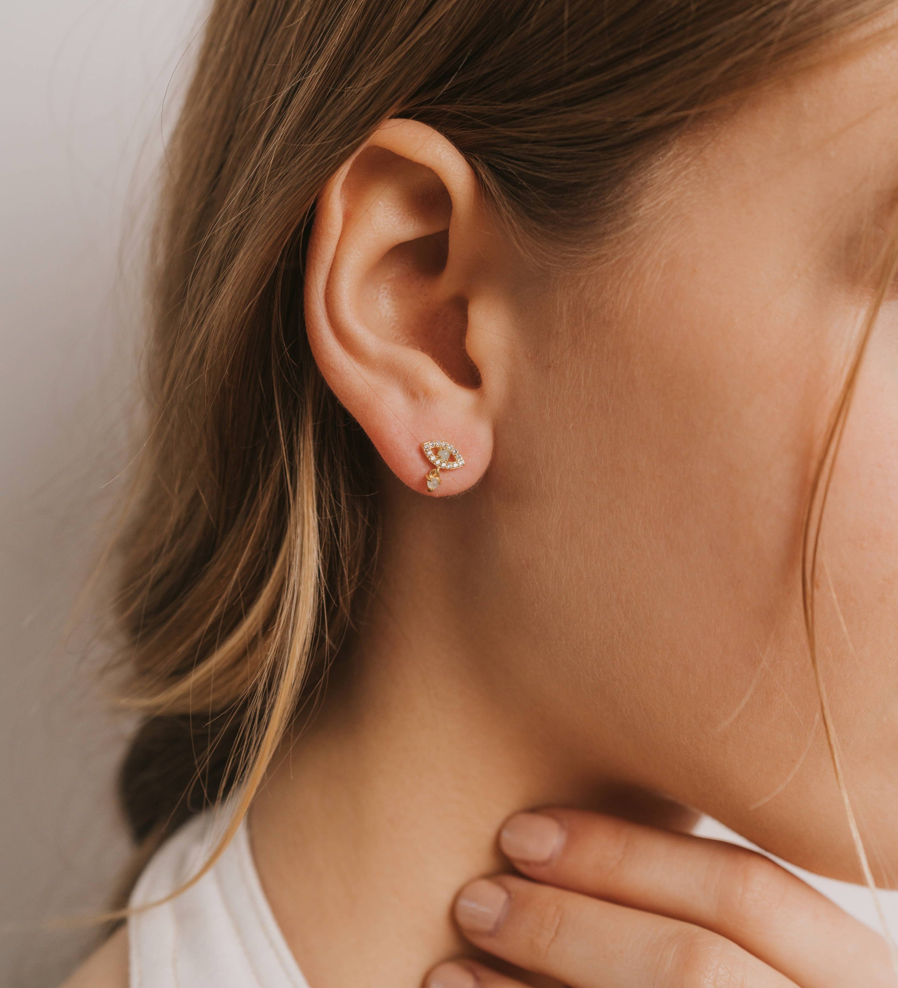 Evil Eye Stud Earrings. 18K gold-plated, hypoallergenic & featuring Amazonite & CZ stones