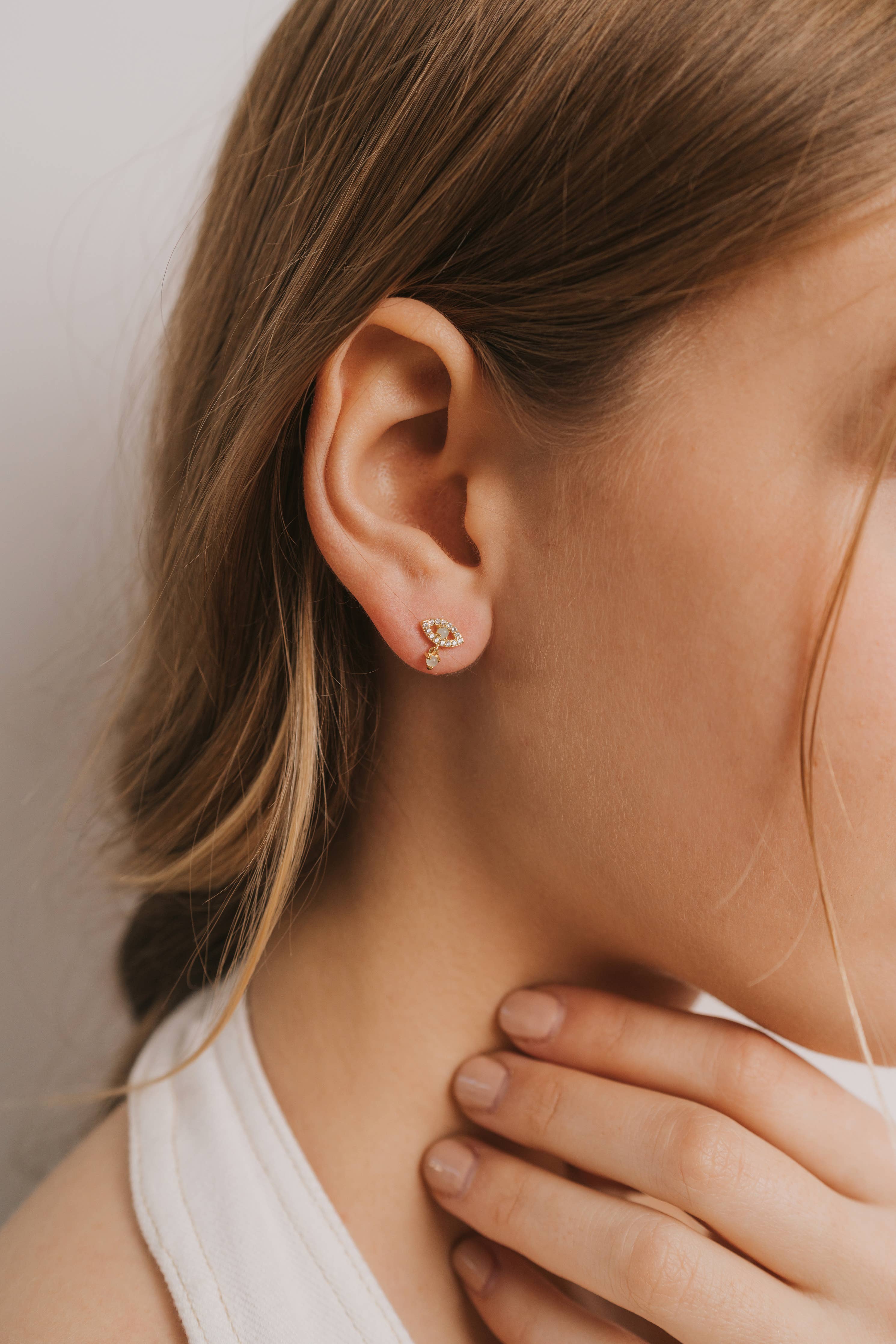 Evil Eye Stud Earrings. 18K gold-plated, hypoallergenic & featuring Amazonite & CZ stones