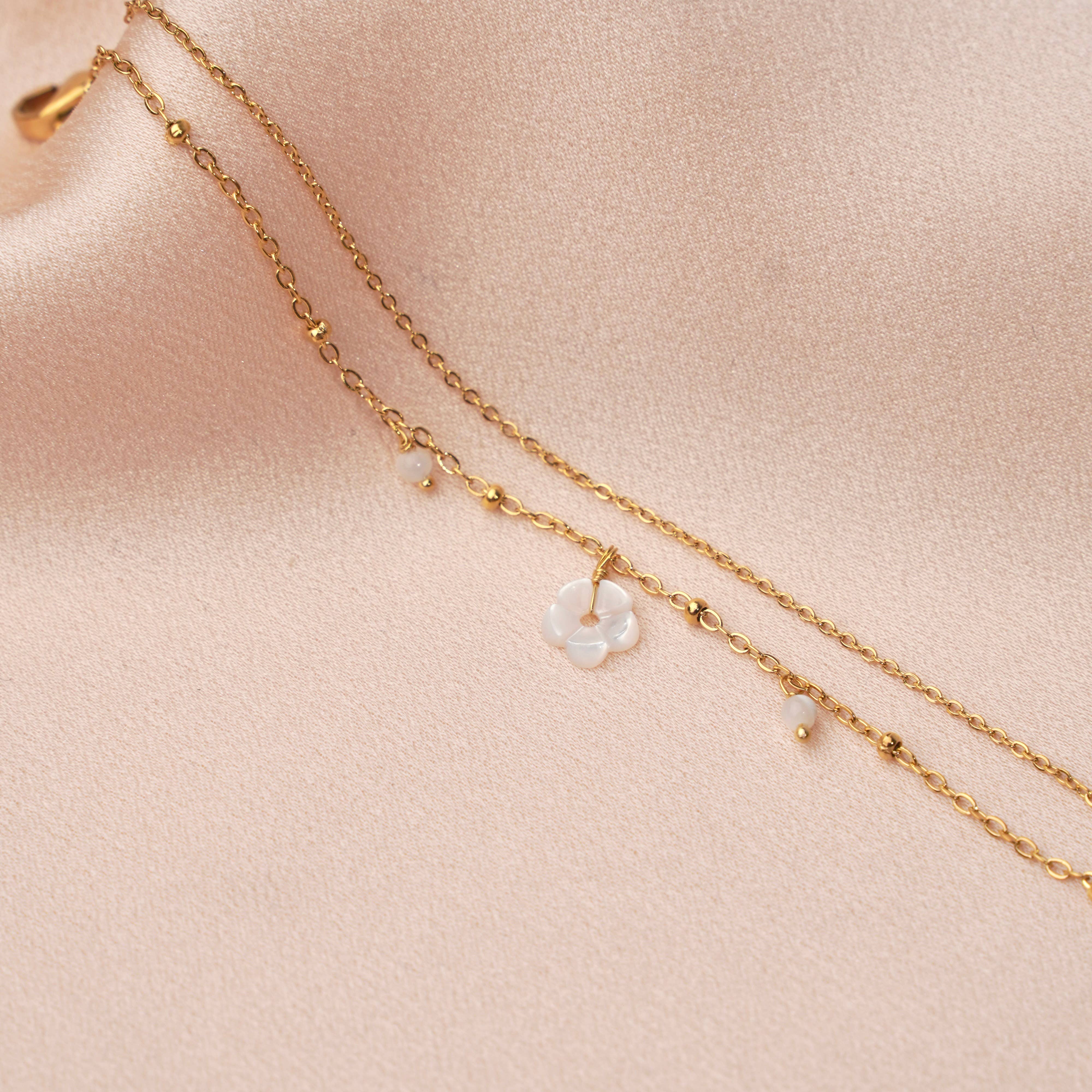  Gold Plated Pearl & Mother-of-Pearl Flower Bracelet. Hypoallergenic, tarnish-resistant