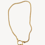 Gold Shackle Chain Necklace features a sleek box chain & bold clasp. 18K gold-plated, waterproof & hypoallergenic.