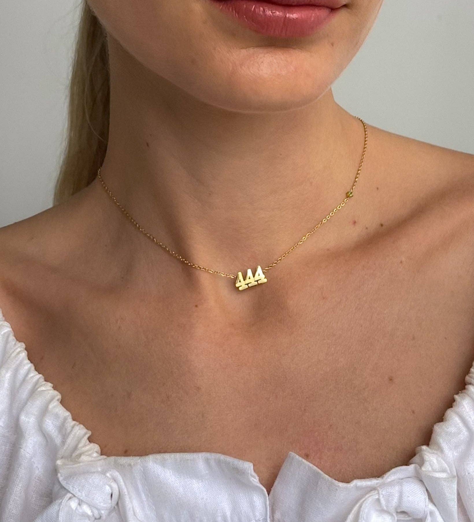 Gold necklace 444 angel number chocker style hypoallergenic and tarnish free 