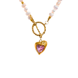 Golden Pearl Necklace – Pink Stone