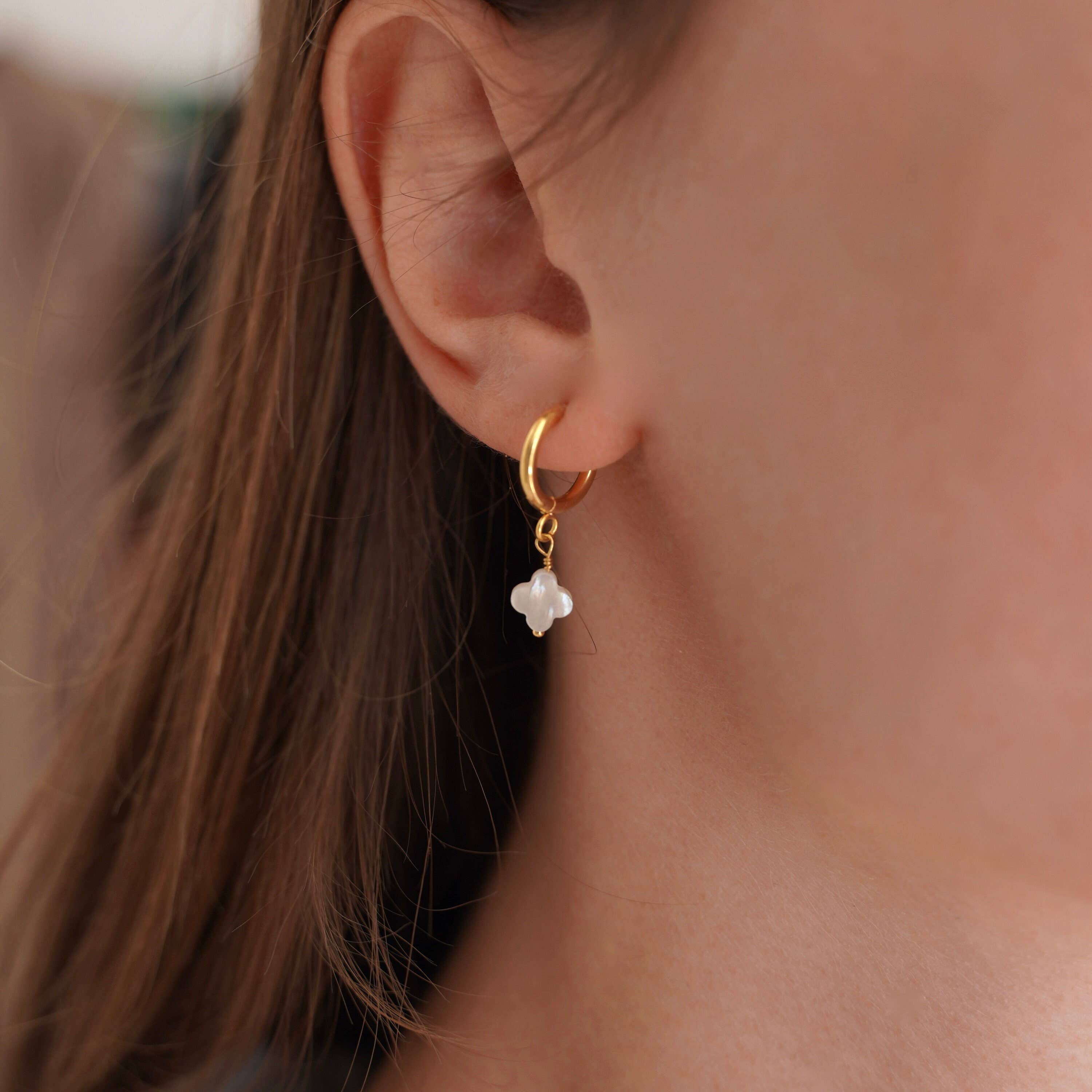  Lucky Clover Hoop Earrings. gold plated, hypoallergenic & tarnish-resistant, featuring mother-of-pearl clover pendants. 
