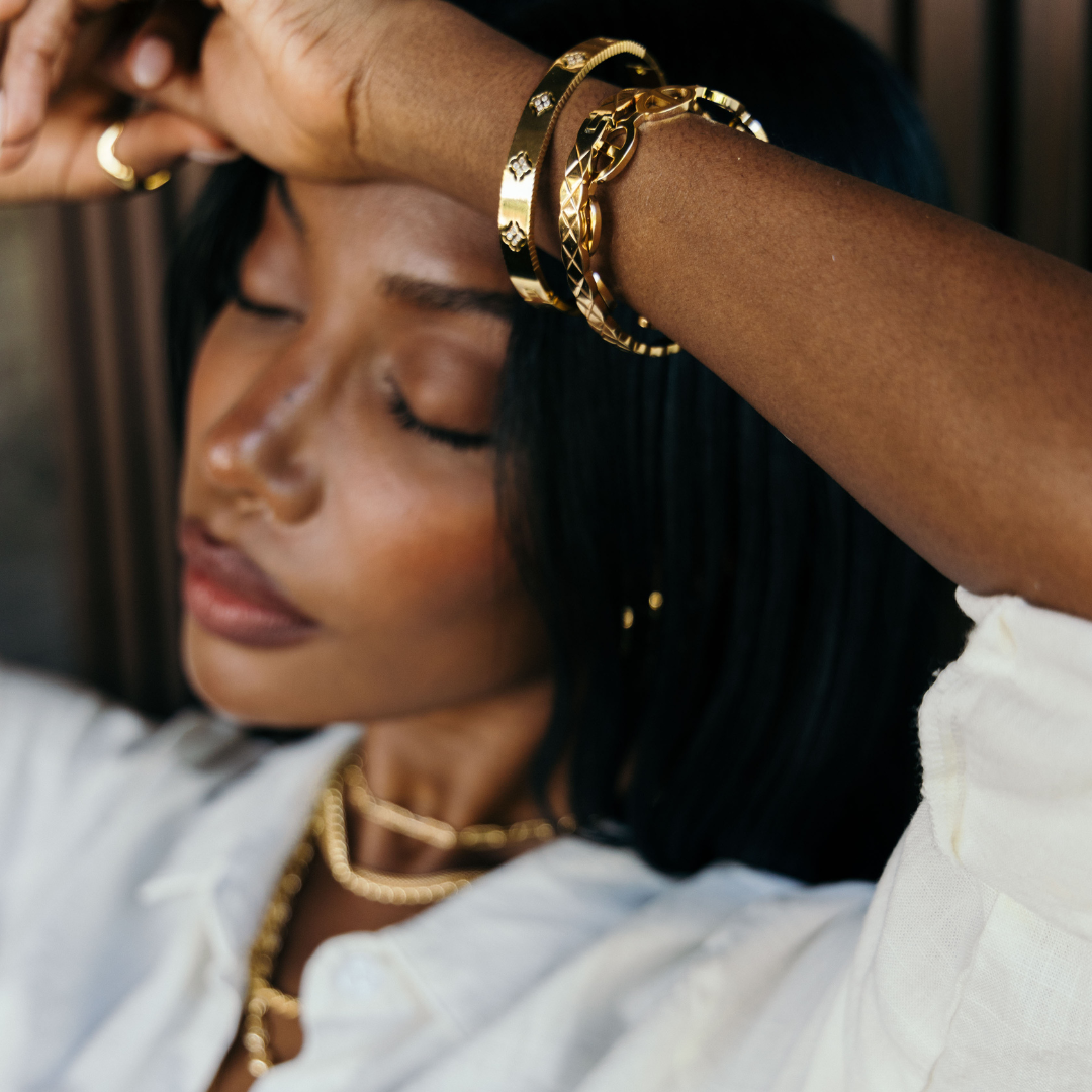 Maddy Bracelet. 18K gold-plated, hypoallergenic & tarnish-resistant, featuring a CZ stone stacked